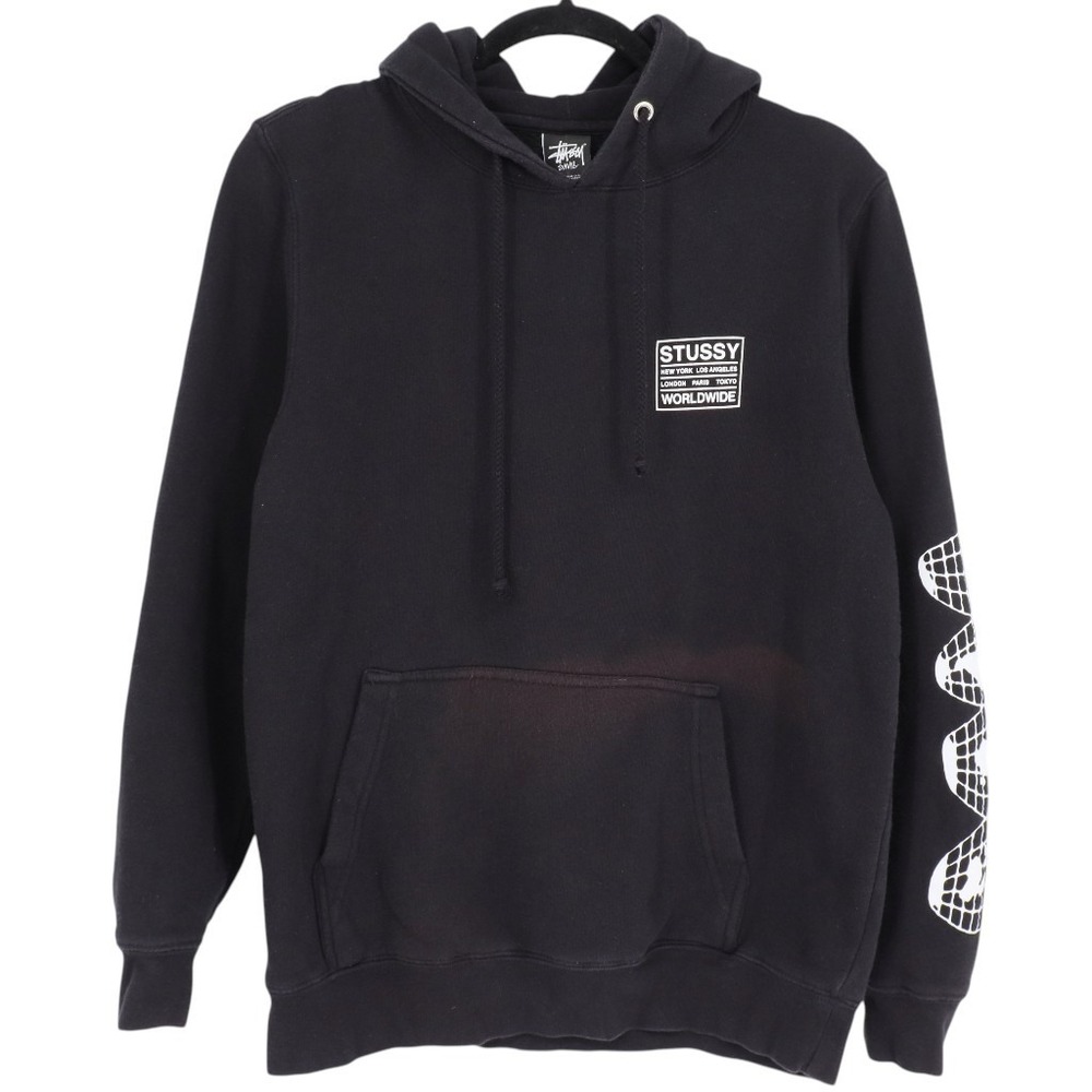Stussy Worldwide Globe Graphic Hoodie Men's Size S Black Pullover Sweatshirt